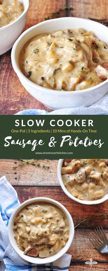 How easy is this 5 ingredient crockpot sausage and potato casserole? Super simple recipe for busy nights!